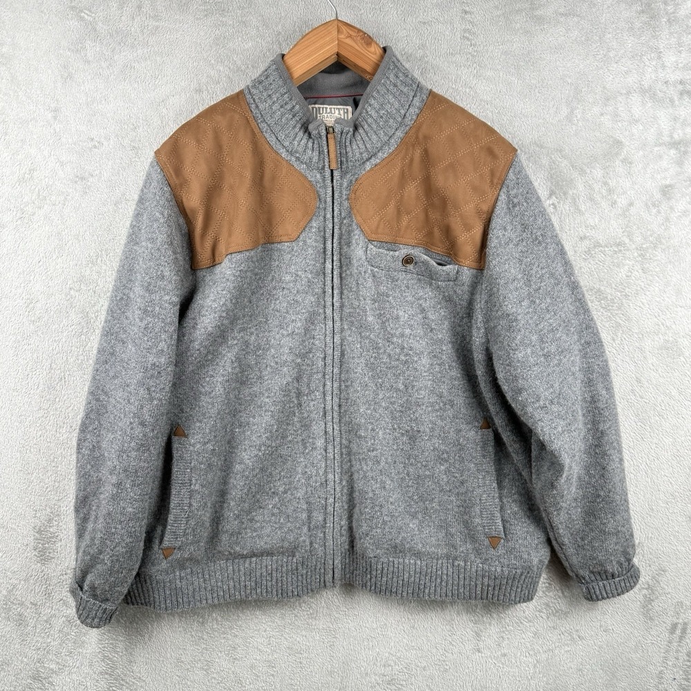 Duluth Shetland Wool Jacket Size 3XL Full Zip Suede Shoulder Patches Gray Brown